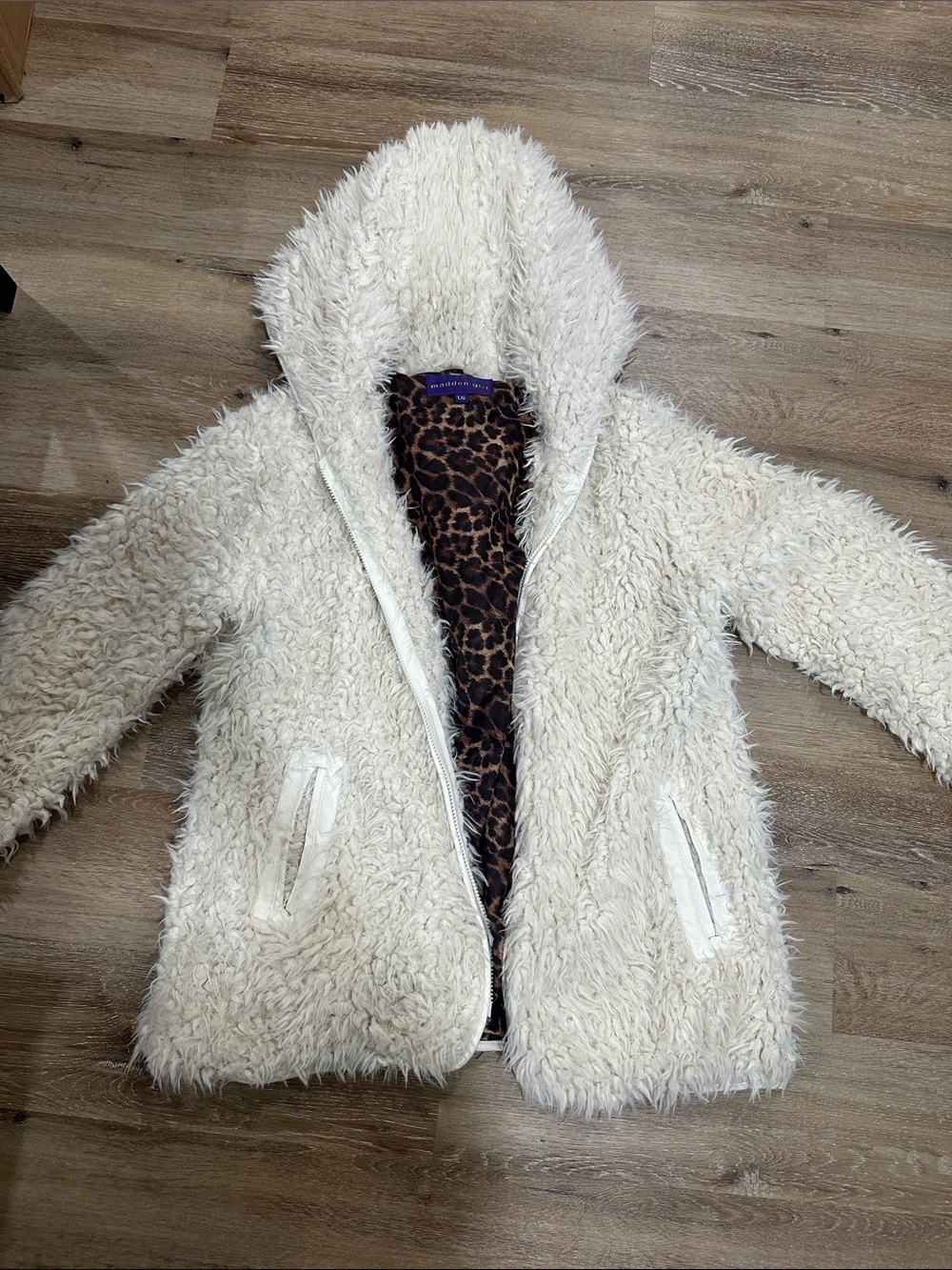 Madden Girl Cream Teddy Jacket with Leopard Lining Sherpa outside